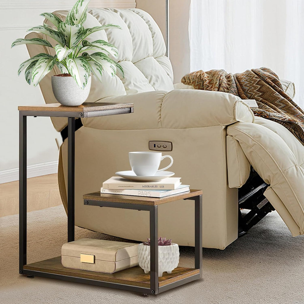 G-Shaped Side Table with Thick Metal Frame, 3-Tier End Table for Sofa Bedside Table with Storage, Corner Table Coffee Table for Bedroom Living Room Kitchen (Rustic Brown)