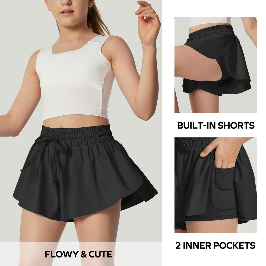 Ewedoos 2 in 1 Flowy Shorts Girls Butterfly Athletic Shorts Size 10-12 Cute Preppy Trendy Shorts Skirt for Teen Girls Black