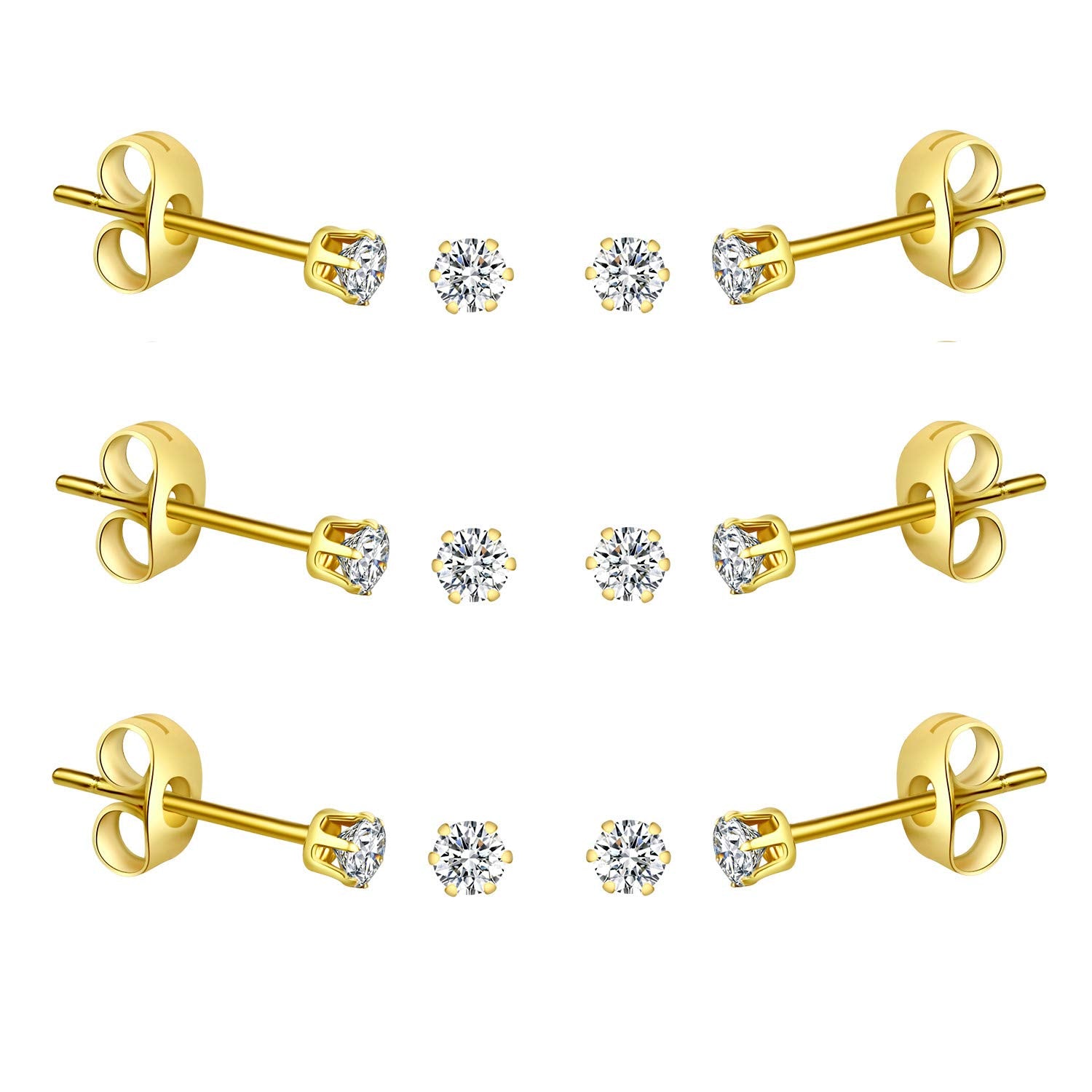 6-10 Pairs Tiny Women's Stainless Steel Round Clear Cubic Zirconia Stud Earrings, Hypoallergenic Surgical Steel Earrings Set, 2mm 3mm 4mm CZ,