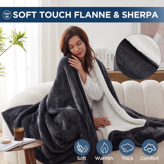 Westinghouse Heated Throw Blanket, Electric Blanket Throw with 6 Heating Levels and 2-10 Hours Time Settings, Flannel to Sherpa Super Cozy Heated Blanket Machine Washable, 50x60 inch, Charcoal