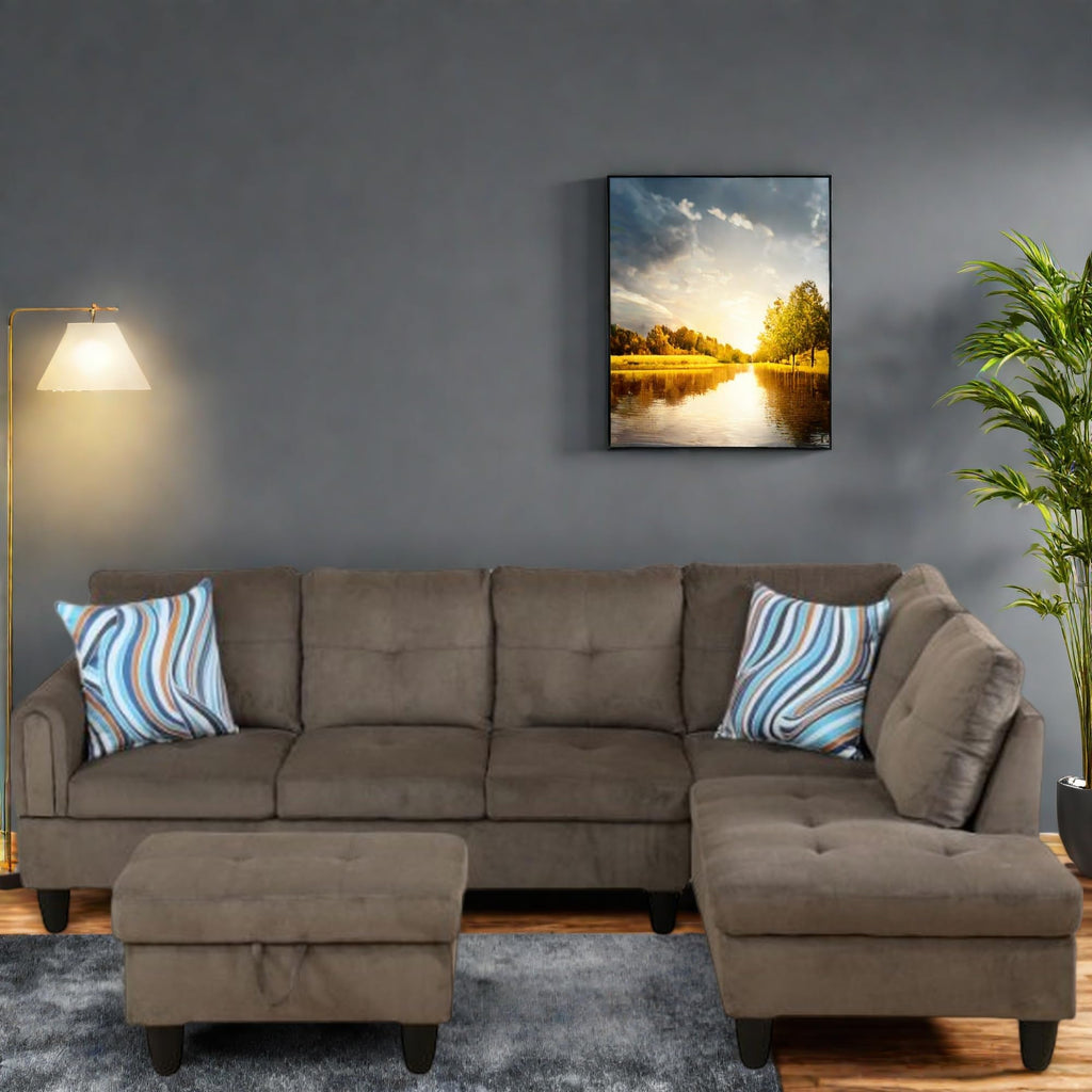 L Shaped Couch, Lounge Sectional Sofa with Chaise for Living Room, 6 Seat Modern Modular Couches with Movable Storage Ottoman, Black Grey