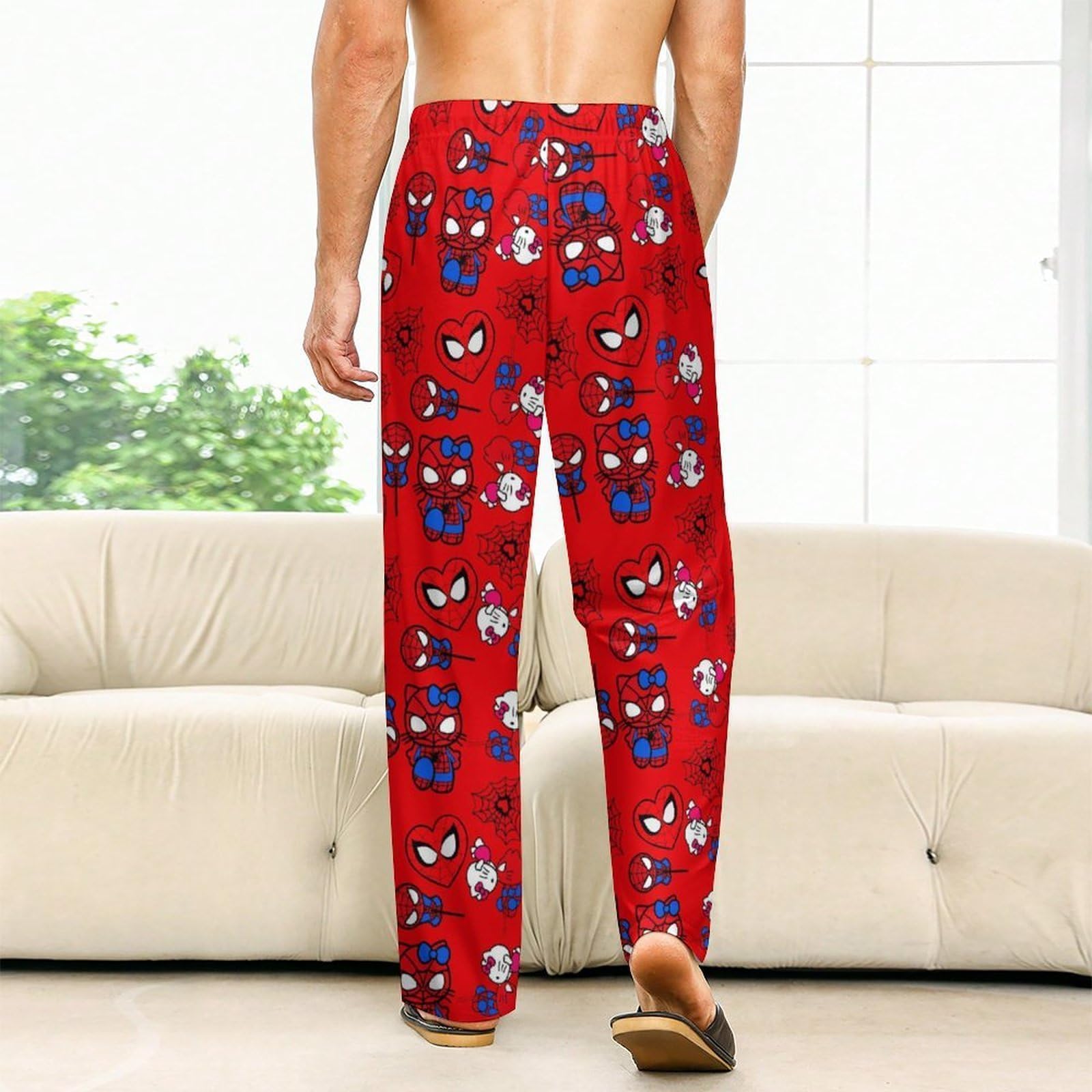 Anime Pajamas for Women Men Cartoon Cat Unisex Couple All Over Print Bottoms Sleep Pajama Pants Christmas Valentine Gifts Red M