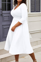CLOCOR Women's Plus Size Midi Dress 3/4 Sleeve A-Line Swing Dress V Neck Flowy Casual Dresses White 2X-Large