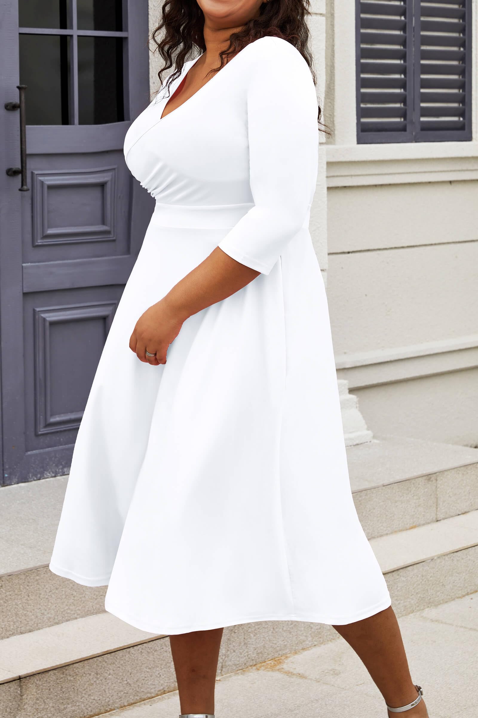 CLOCOR Women's Plus Size Midi Dress 3/4 Sleeve A-Line Swing Dress V Neck Flowy Casual Dresses White 2X-Large