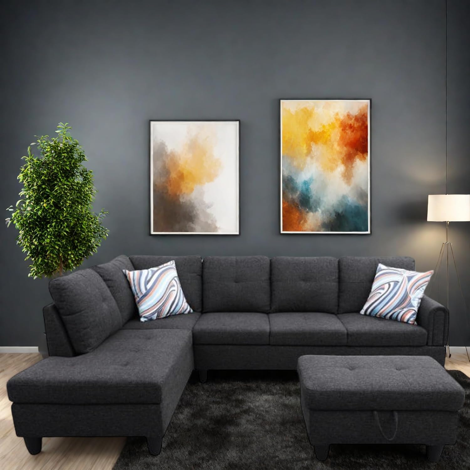 L Shaped Couch, Lounge Sectional Sofa with Chaise for Living Room, 6 Seat Modern Modular Couches with Movable Storage Ottoman, Black Grey