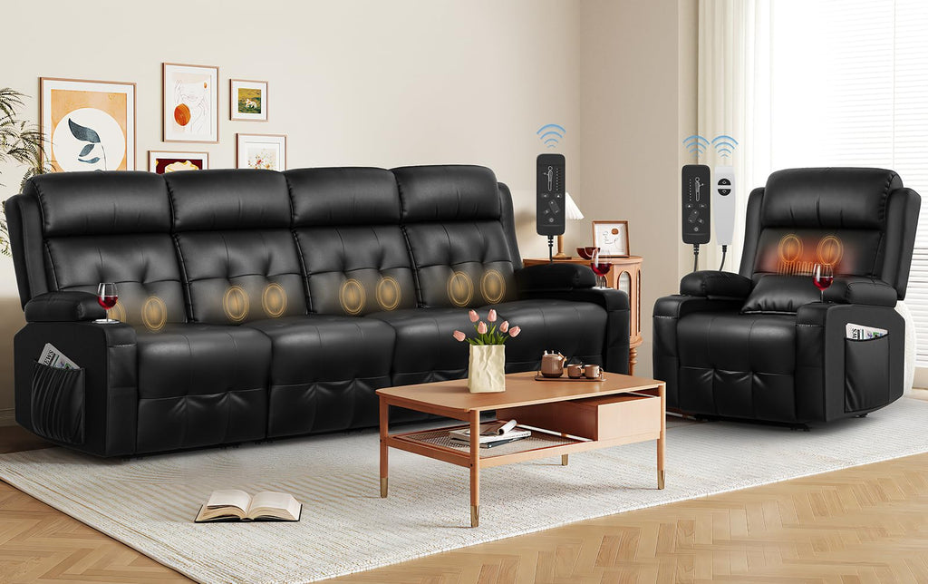 Recliner Sofa, Massage Reclining 3 Seater Sofa Sets Heavy Weight Capacity, RV Loveseat Clearance with Storage, Cup Holders, Wall Hugger Couches for Living Room