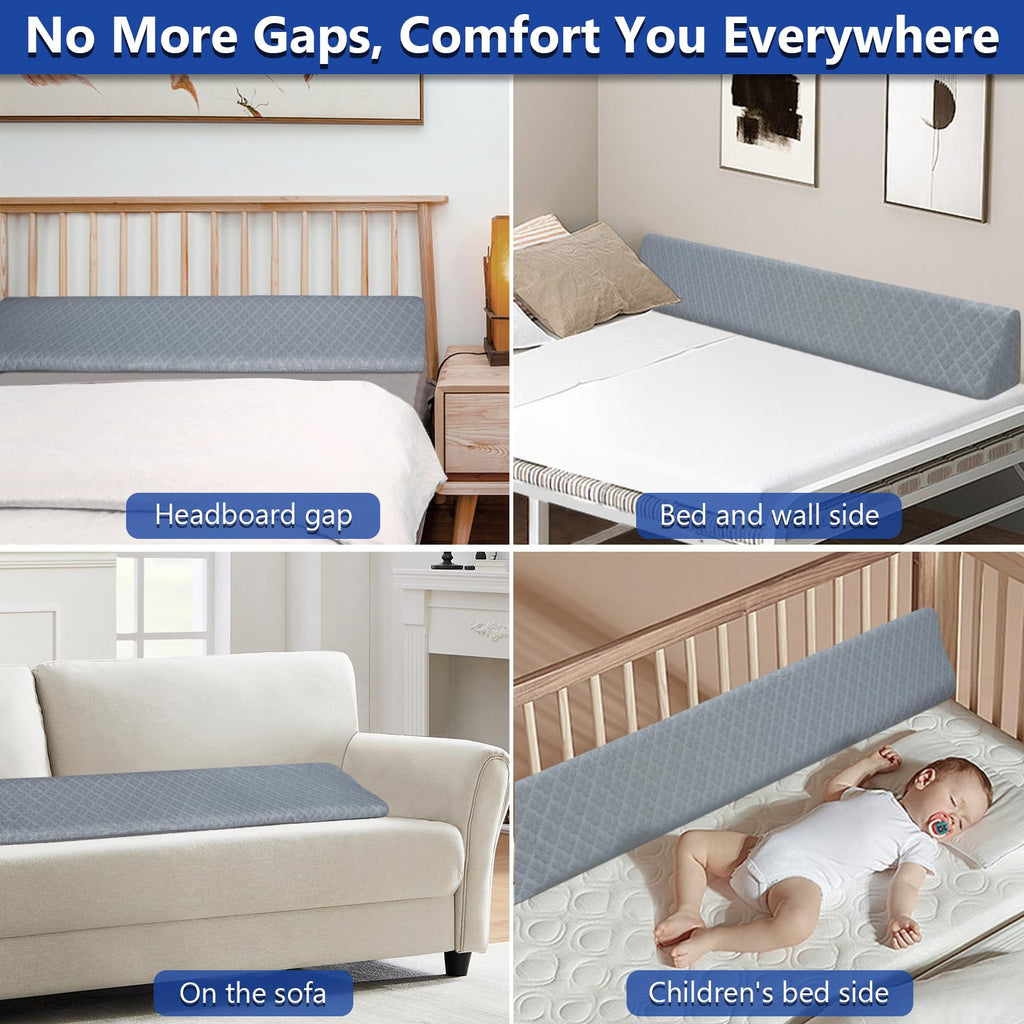 Kayfia Queen Size Pillow Wedge for Headboard Gap Bed Gap Filller (0-8") Mattress Space Filler Pillow Stopper with 2 Side Pocket Triangle Foam Pillow Wedge Between Headboard Mattress(Grey, 60"x10"x6")