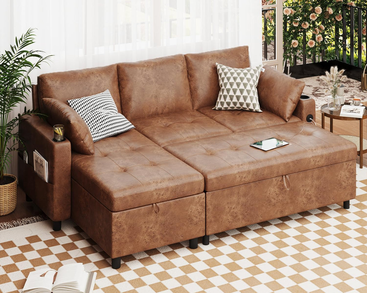 Leather Sleeper Sofa Couch with Pullout Bed, 83.5'' Sofa Bed Pull Out Couch with Reversible Storage Chaise, Sectional Couches with USB Charging Ports&Cup Holders for Living Room, Brown
