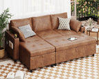 Leather Sleeper Sofa Couch with Pullout Bed, 83.5'' Sofa Bed Pull Out Couch with Reversible Storage Chaise, Sectional Couches with USB Charging Ports&Cup Holders for Living Room, Brown