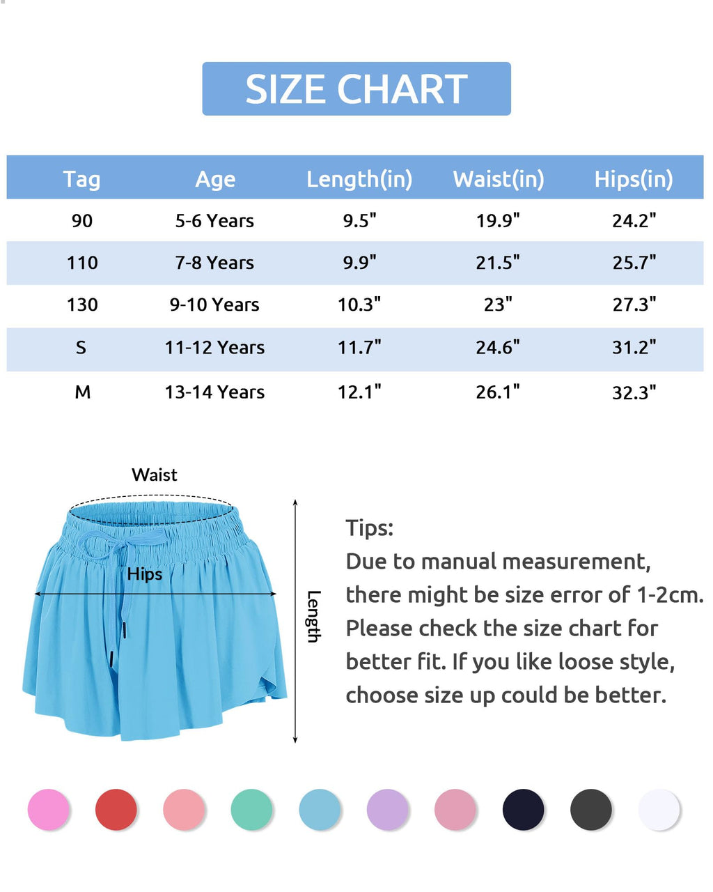 Witwot Butterfly Shorts Piger, 2-i-1 Teen/Børne Pige Flydende Shorts, 7-8 År, Sort