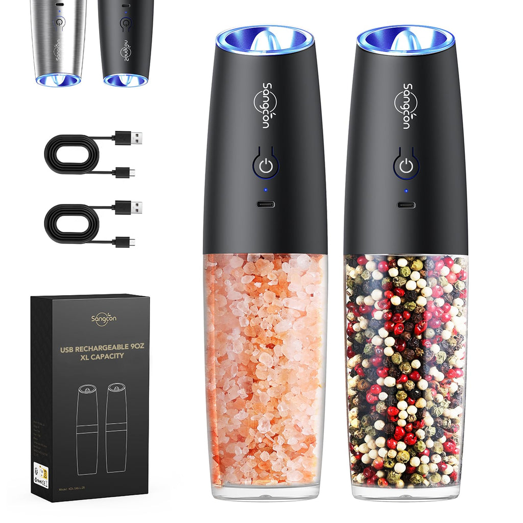 Sangcon Gravity Electric Pepper and Salt Grinder Mill Automatic Shaker Grinder with LED Light, Battery Powered Adjustable Coarseness One Hand Operation, Upgraded Larger Capacity, 1pc