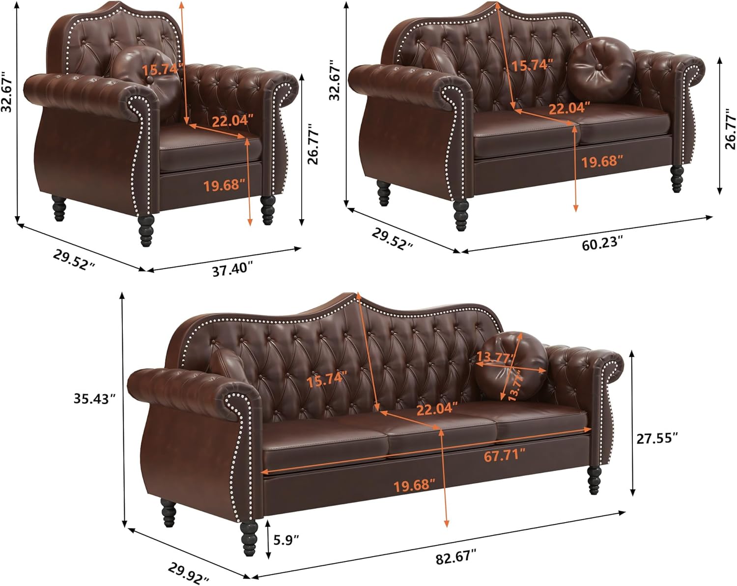 AVZEAR Chesterfield 3-Piece Living Room Sectional Sofa Set, Mid-Century Modern Upholstered PU Couch, Classic Tufted Button Sofa with Nailhead Trim for Living Room, Office (Brown)