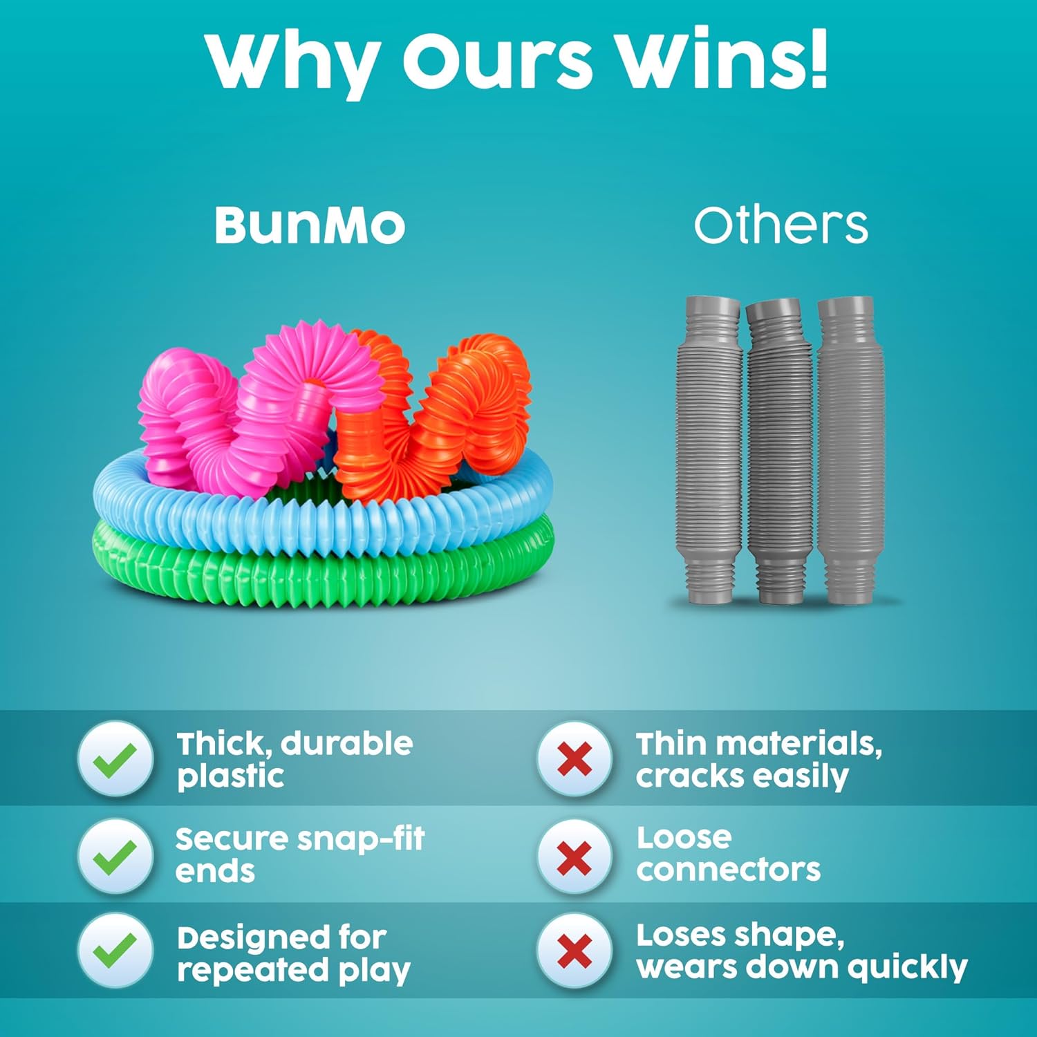 BUNMO Easter Basket Stuffers for Toddler - Pop Tubes - Sensory Fidget Toys - Creative Learning - Hours of Fun for Kids - Easter Toys - Tons of Ways to Play - Non-Mouthable 3+ - 4 Pack Large