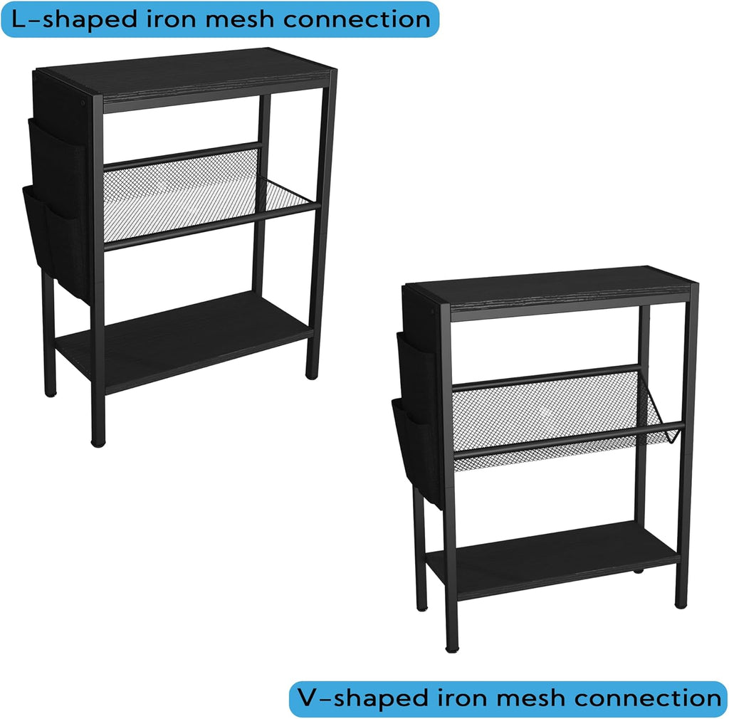Yusong Small Narrow Side Table for Small Spaces, Slim End Table with Storage Bag, Sofa Snack Table with Adjustable Metal Mesh, 3 Tier Accent Skinny Beside Table for Living Room & Bedroom, Black Oak