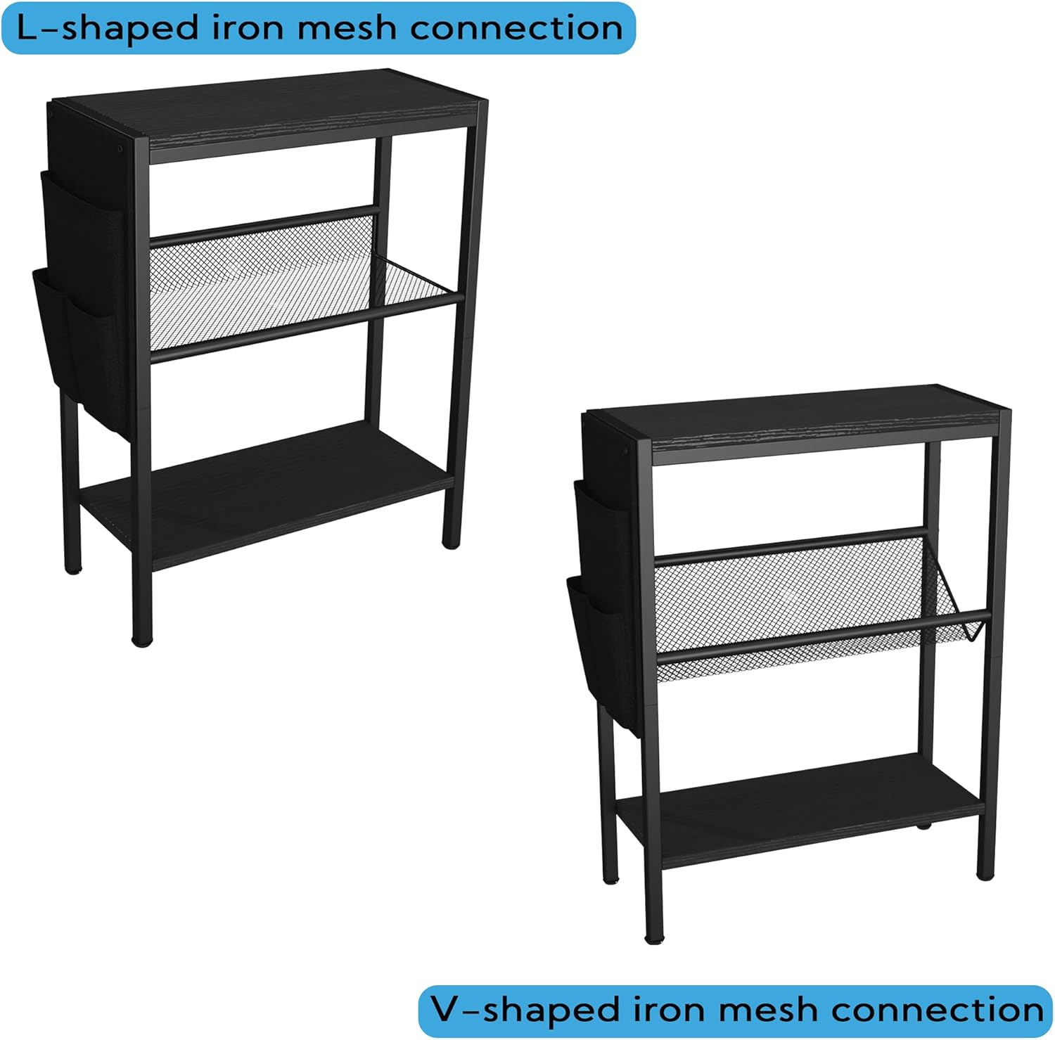 Yusong Small Narrow Side Table for Small Spaces, Slim End Table with Storage Bag, Sofa Snack Table with Adjustable Metal Mesh, 3 Tier Accent Skinny Beside Table for Living Room & Bedroom, Black Oak