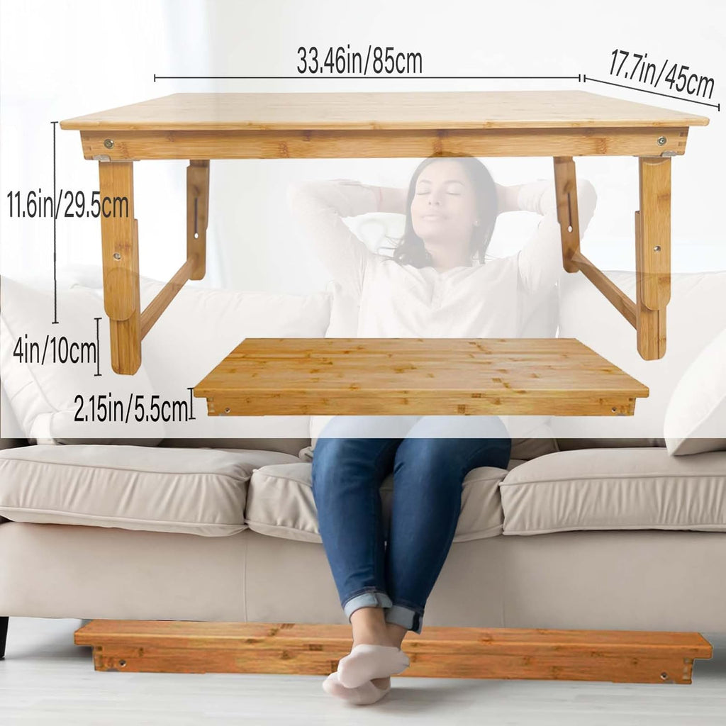 Floor Table Tray with Folding Legs Adjustable Low Coffee Table for Sitting on Floor Bamboo,Fully Assembled,33.5x17.7in
