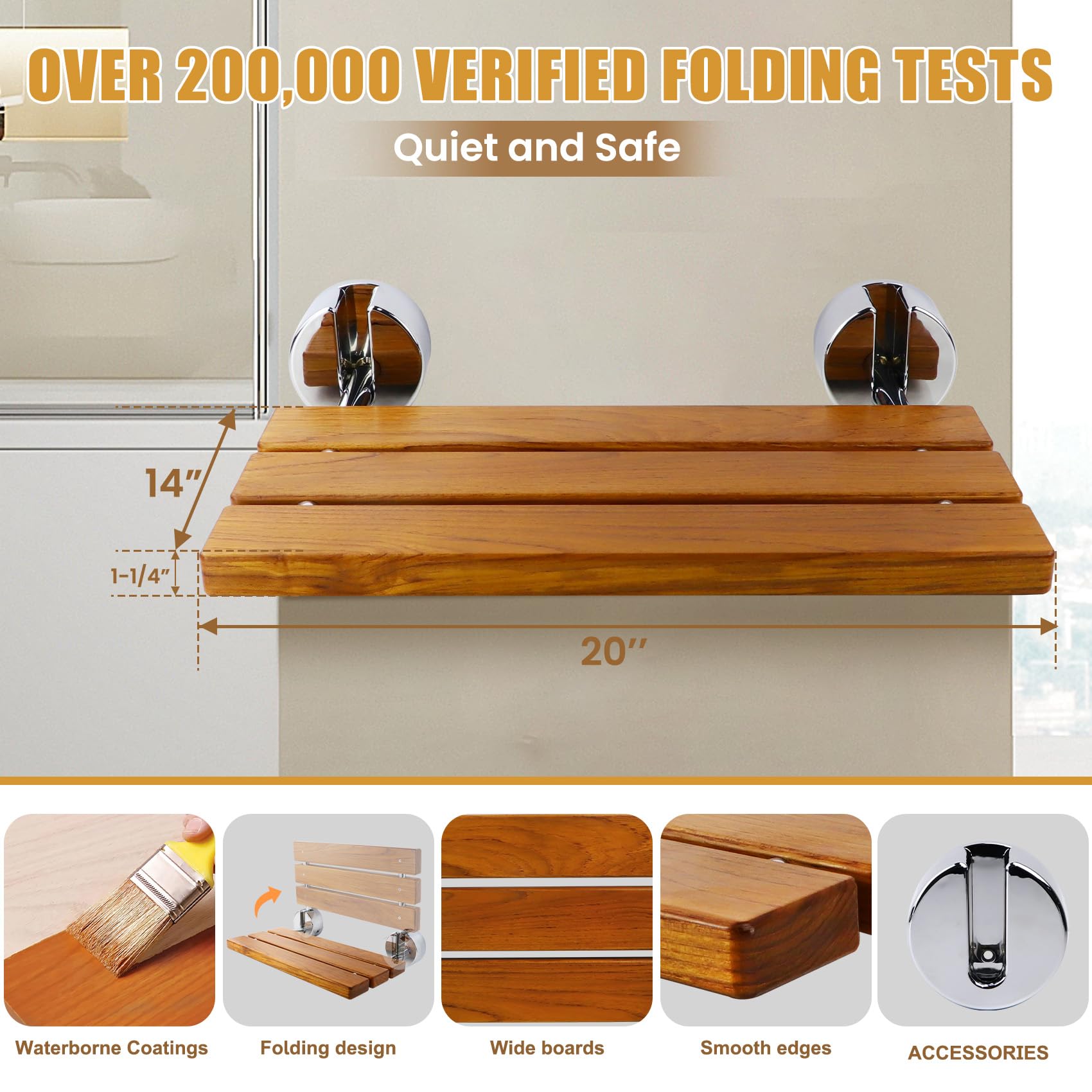 20" Teak Folding Shower Seat Wall Mounted,Fold Down Shower Bench for Small Shower Space, Home Care Teak Wood Stool for Inside Shower,Pregnants-Maximum Load 440lb[European Teak]