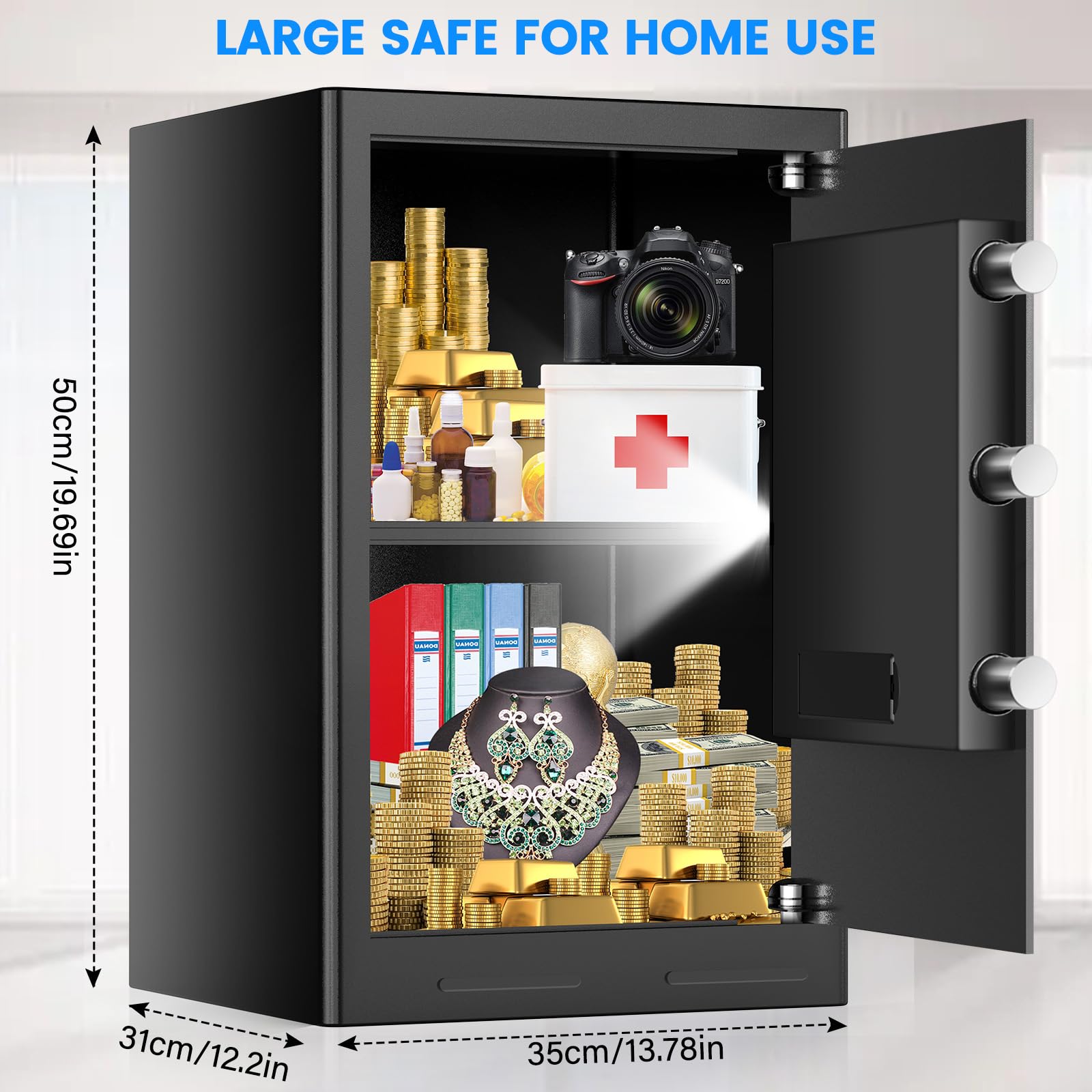 3.0 Cub Large Safe for Home Use, Fireproof Home Safe Box with Electronic Keypad, Spare Key, Smart Alarm, Mute Mode, Anti-theft Fire proof Safe for Documents, Jewelry, Medicines