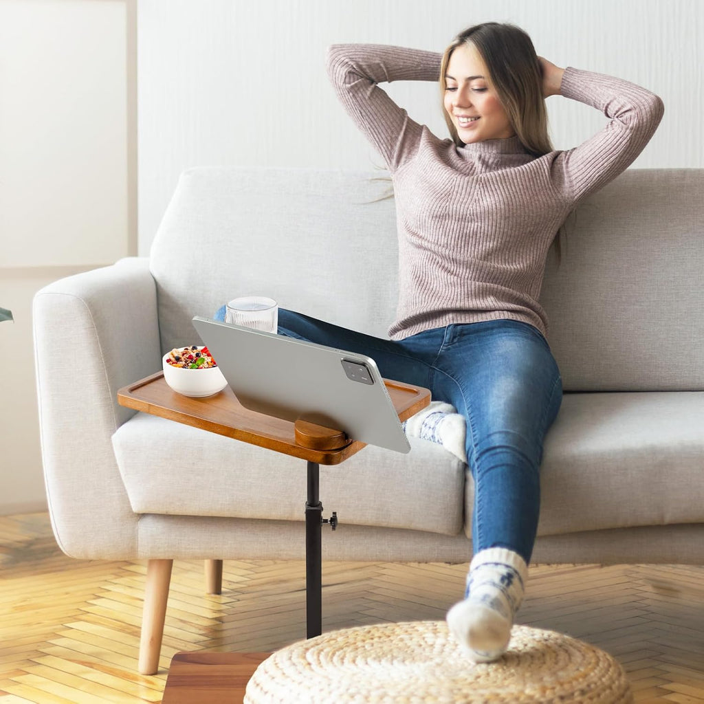 Solid Wood Acacia Wood Couch Table,360° Swivel Height Adjustable C Table with Phone & Tablet Stand,TV Trays for Eating on Couch, Bedroom or Livingroom, Oblong.