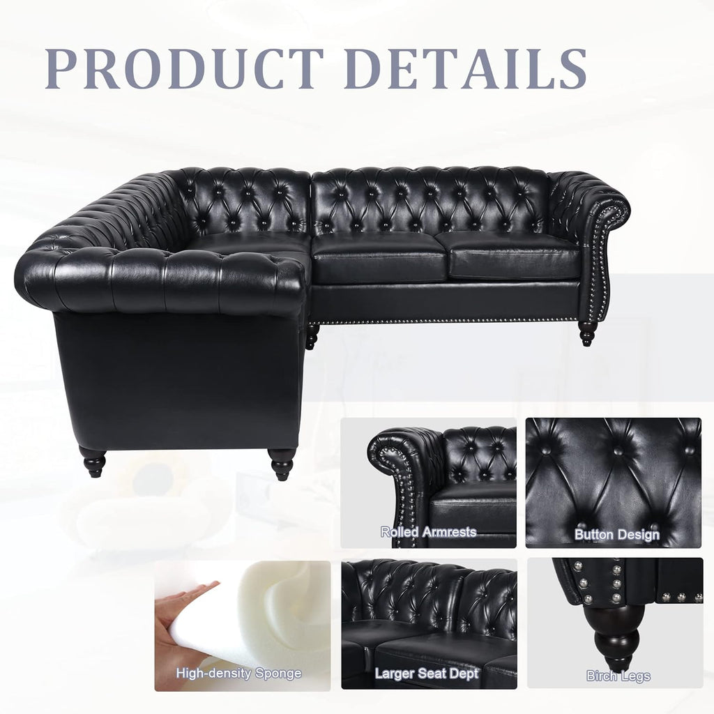 L Shaped Small Sectional Sofa, Chesterfield Leather Couch Tufted Accent Sofa with Scroll Arms and Nailhead for Living Room, Office