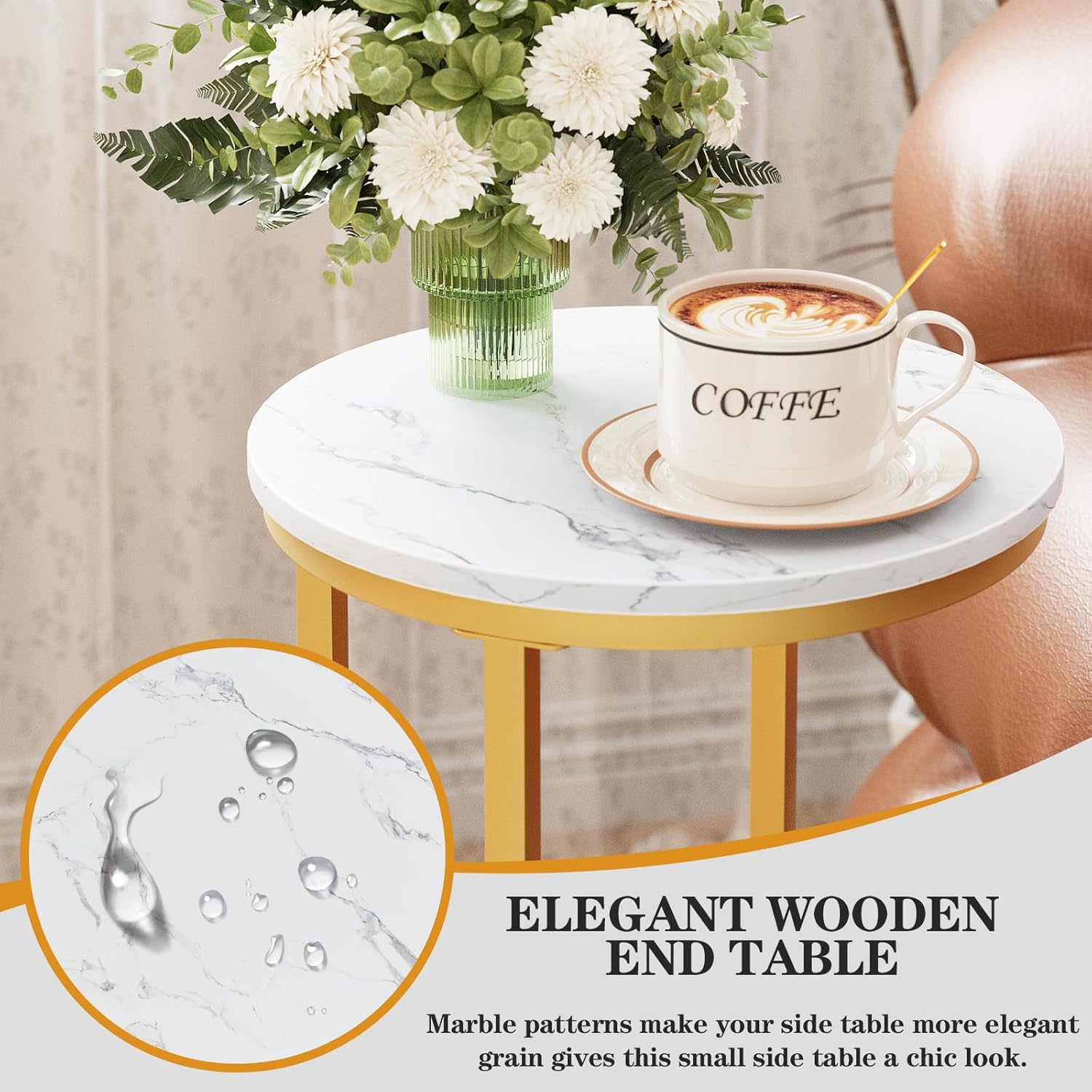 C Shaped end Table,Wood Round Side Table for Couch,Small Sofa Table with Metal Frame for Bedroom,Living Room,Bedside,Gold Color(11.81" D x 11.81" W x 23.62" H)