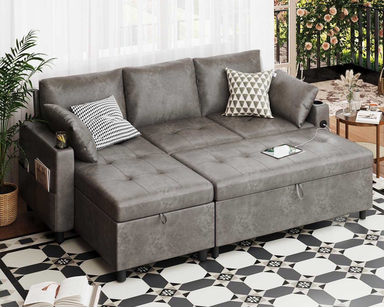 Leather Sleeper Sofa Couch with Pullout Bed, 83.5'' Sofa Bed Pull Out Couch with Reversible Storage Chaise, Sectional Couches with USB Charging Ports&Cup Holders for Living Room, Brown