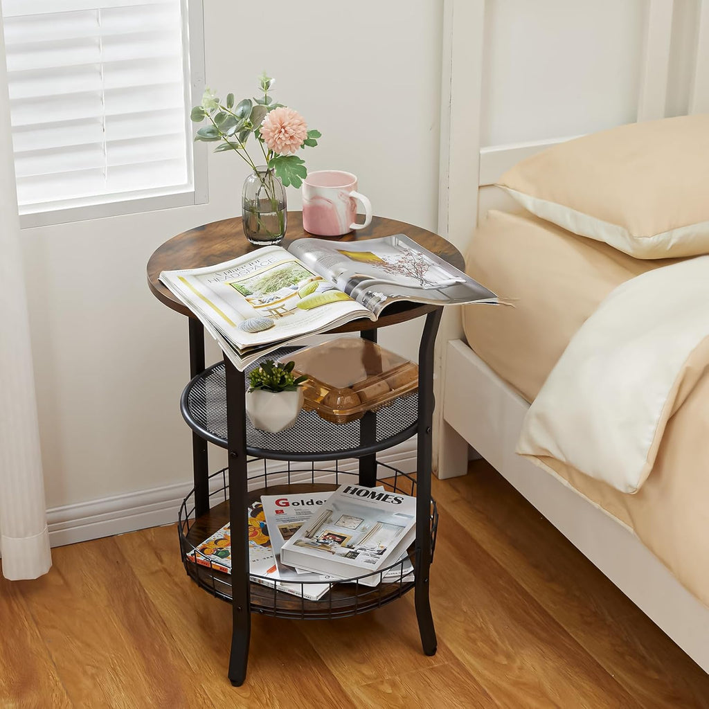 X-cosrack Round Side Table, Industrial Retro End Table with Storage,Coffee Snack Table for Living Room, Bedroom,Kitchen,Office,Stable Wood and Metal Frame,Rustic Brown