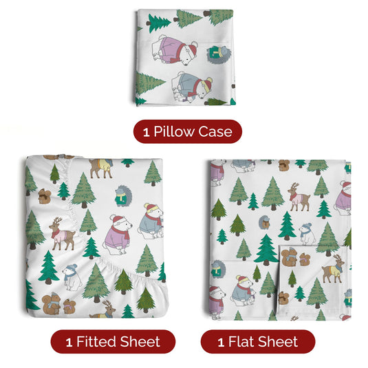 King Christmas Tree Sheet Set - Holiday Xmas Pattern Linen Set - Deep Pockets - Snug Fit - 4 Piece - Wrinkle Free - Comfy & Cooling Festive Winter Bedding - Easy To Care For - Kid Friendly