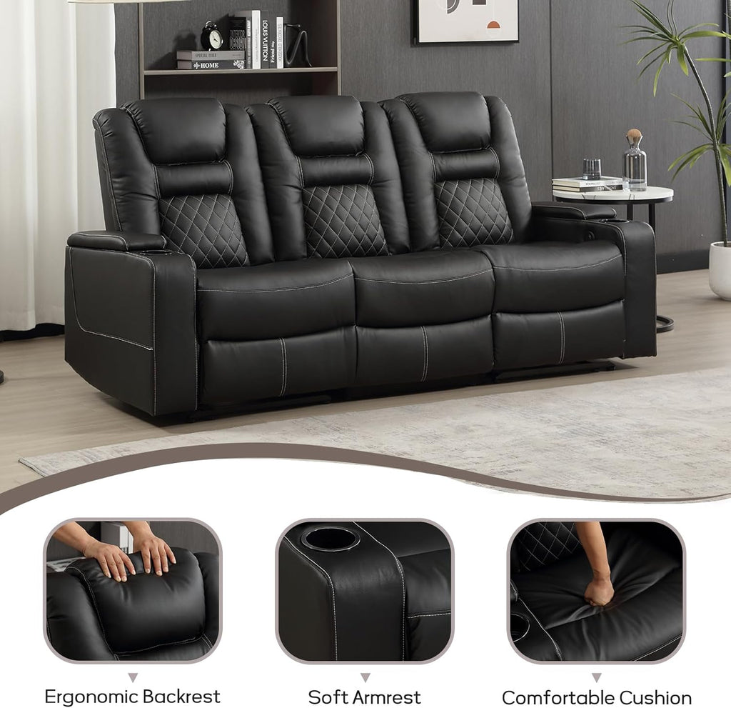 Home Theater Seats, Faux Leather Movie 3 Seat Recliner Sofa with Hidden Arm Storage, Power Gaming Reclining Sofa with USB Charge and Cup Holders