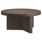 Henn&Hart 36" Fluted Round Wood Pedestal Low-Profile Coffee Table for Living Room, Family Room, or Office, Alder Brown