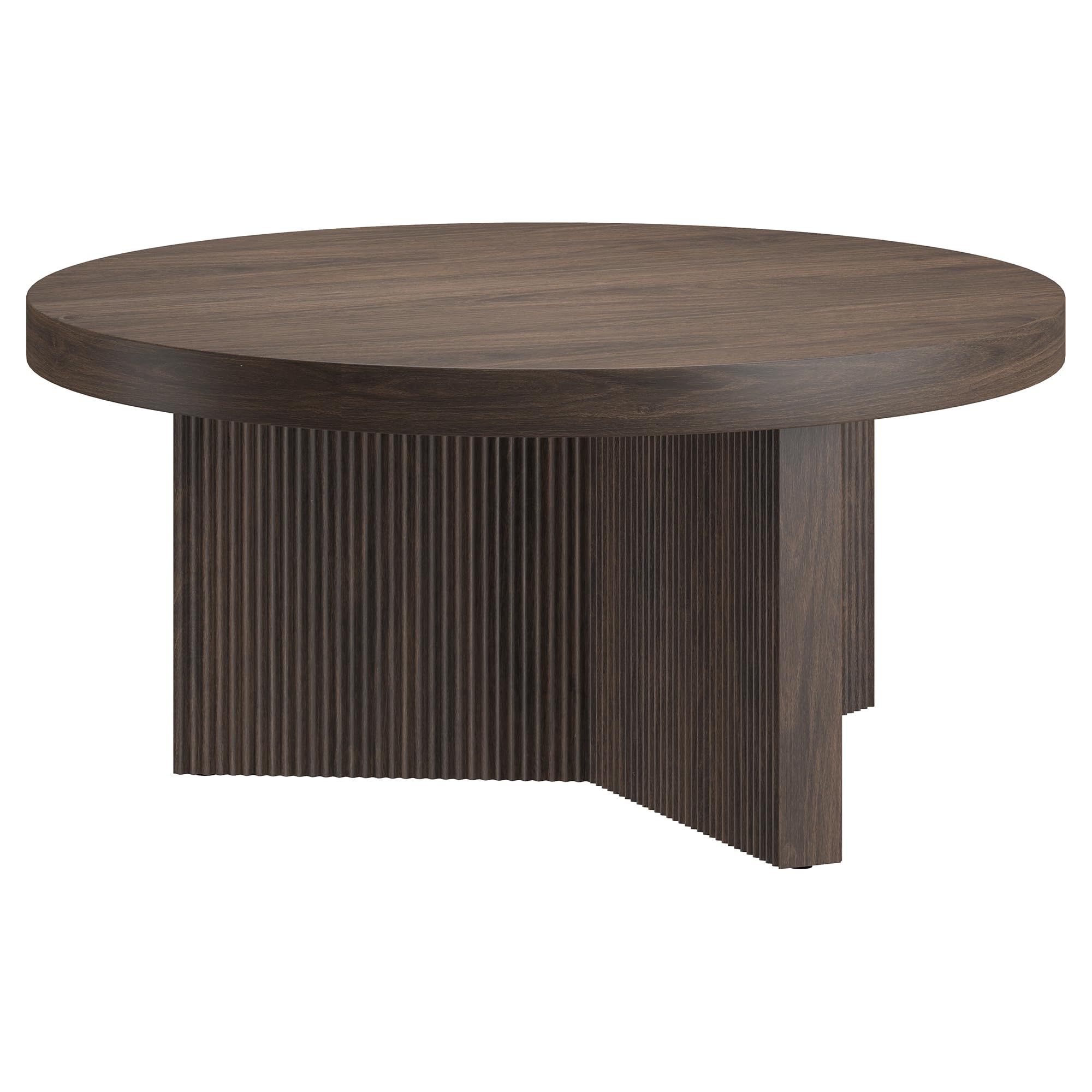 Henn&Hart 36" Fluted Round Wood Pedestal Low-Profile Coffee Table for Living Room, Family Room, or Office, Alder Brown