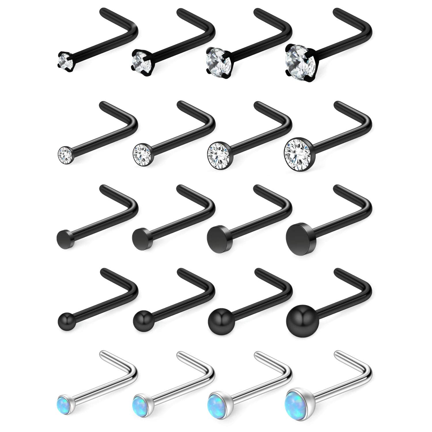 Ruifan 20G 1.5mm 2mm 2.5mm 3mm 3.5mm 4mm Opal Clear Diamond CZ Nose L Shaped Studs Rings Piercing Jewelry 4-20PCS