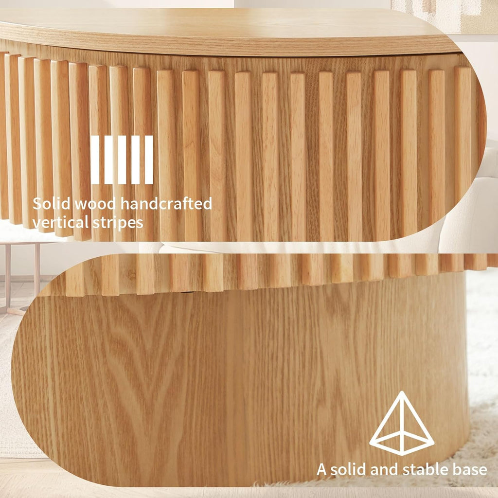LKTART Round Coffee Table for Living Room, Accent Fluted Drum Coffee Table with Storage, Modern Solid Wood Veneered Circle Center Tea Table for Small Space Apartment (31.5''D×14''H-Natural)