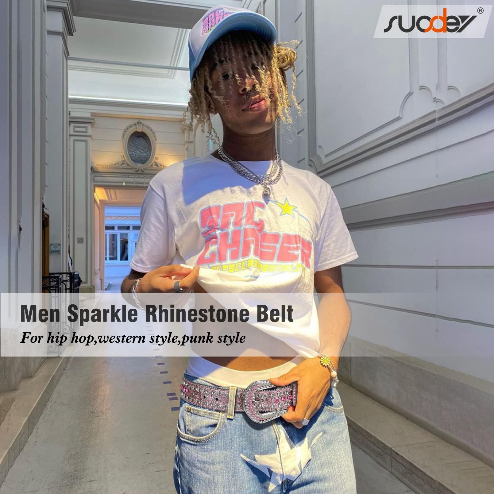 SUOSDEY Fashion Rhinestone Sequins Belt for Men Women Western Cowgirl Cowboy Bling Diamond Leather Belt for Jeans Dress