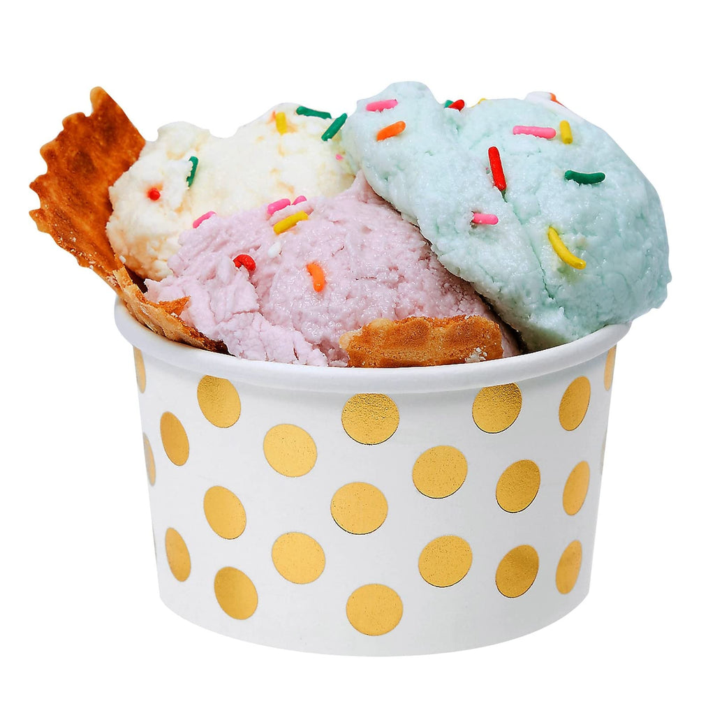 Juvale 100 Stück Papier-Eisbecher, 8 oz Einweg-Dessertschalen für Frozen Yogurt, Sundae-Bar, Party-Snacks und Leckereien, Goldfolie mit Polka-Dot-Design
