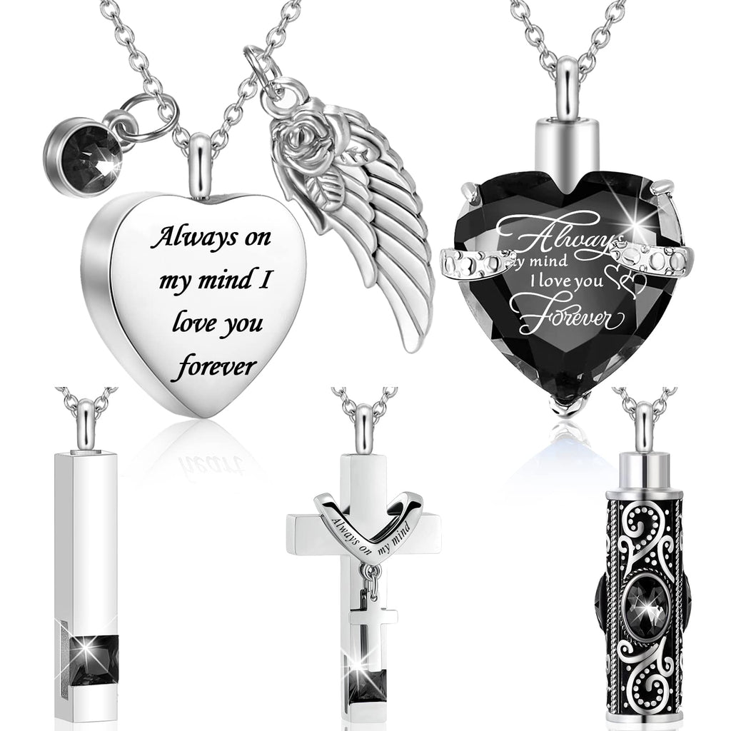 Fumete 5 Pcs Ashes Urn Necklace Keepsake Cremation Heart Cross Cubic Jewelry for Ashes Stainless Steel Memorial Locket Urn Keepsake Necklace for Women Men Loved Ones, 5 Styles