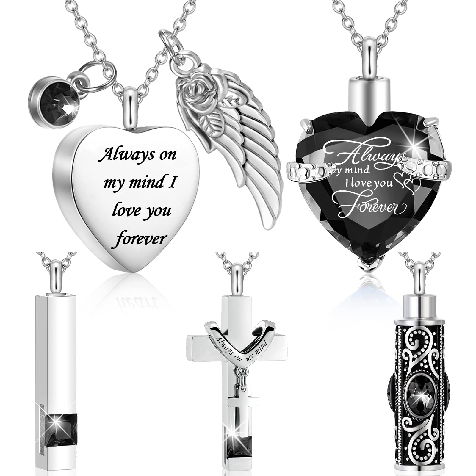 Fumete 5 Pcs Ashes Urn Necklace Keepsake Cremation Heart Cross Cubic Jewelry for Ashes Stainless Steel Memorial Locket Urn Keepsake Necklace for Women Men Loved Ones, 5 Styles