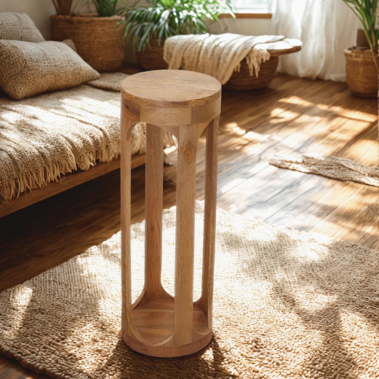 Wooden Round Drink Tables for Small Spaces 8x23 Bedroom Nightstand for Living Room Coffee Accent Pedestal, Modern Boho Decorative Display & Storages Stand for Plant (Natural)