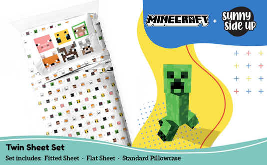 Sunny Side Up Minecraft Creeper & Animals Twin Sheet Set - 3 Piece Kids Bedding Set Includes Pillow Cover - Super Soft Microfiber Sheets