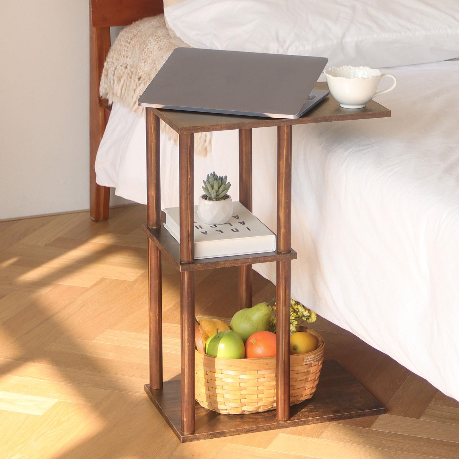 AWASEN C Shaped End Table, Small Side Table for Couch, 3-Tier Wood Sofa Table Coffee Table for Living Room, Small Space, Bedroom, Home Office, Easy Assembly, Natural