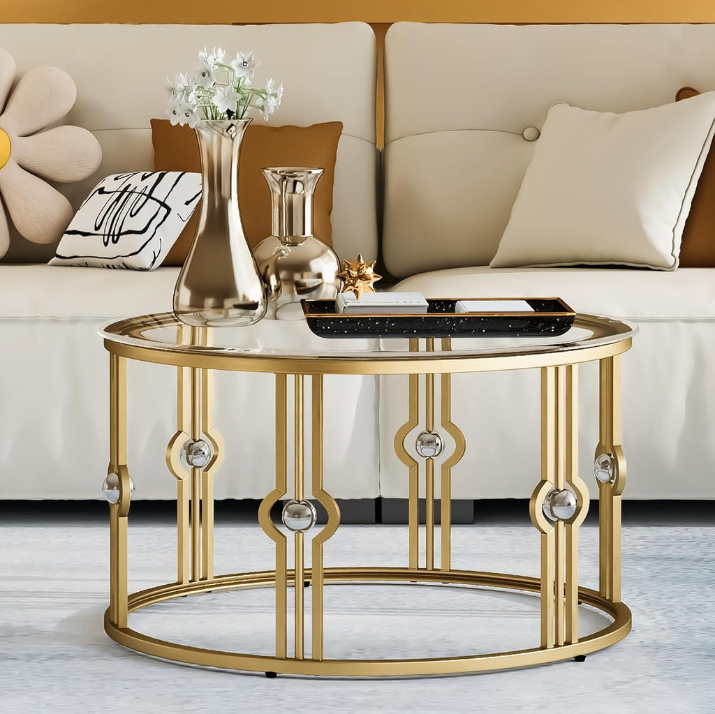 OIOG Glass Coffee Table for Living Room, Gold Coffee Table with Tempered Glass, Round Coffee Table for Office