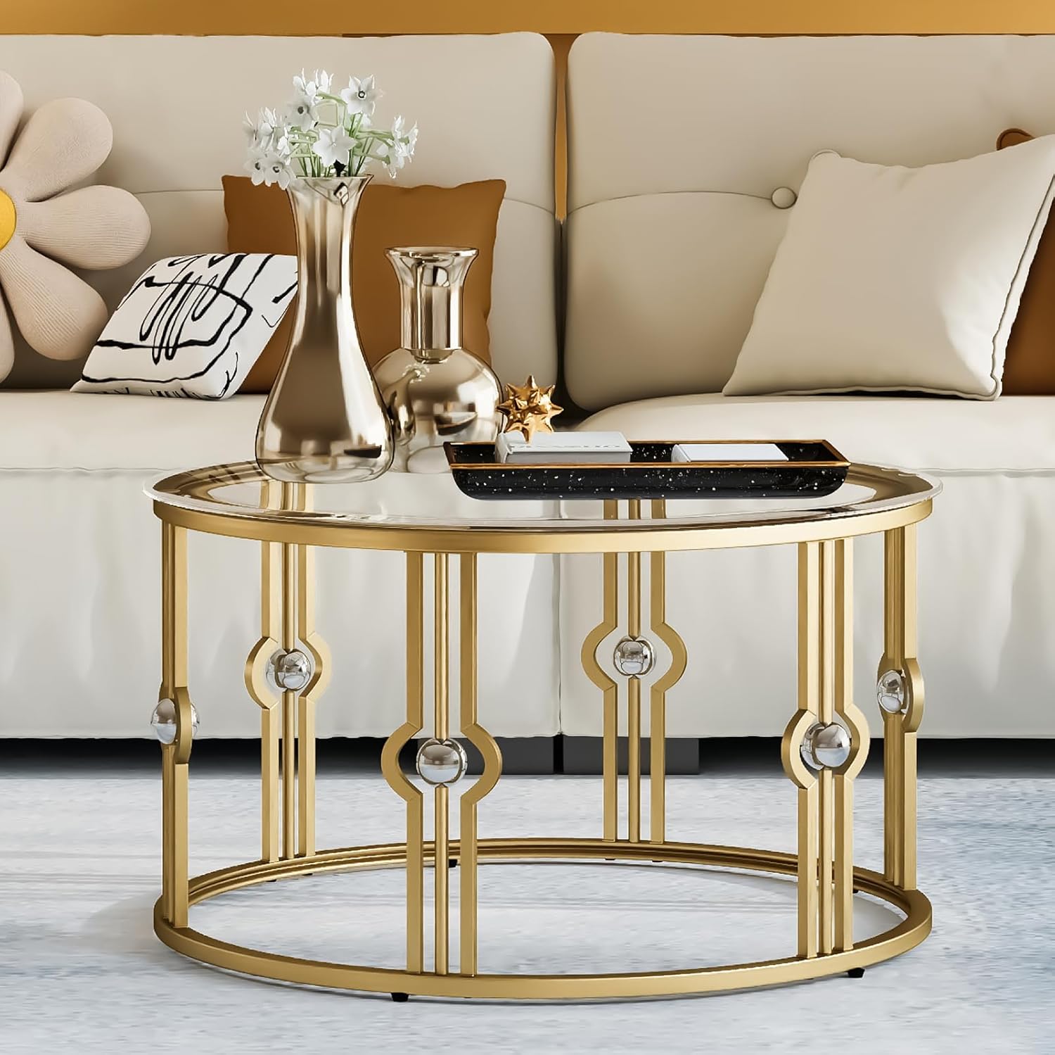 OIOG Glass Coffee Table for Living Room, Gold Coffee Table with Tempered Glass, Round Coffee Table for Office