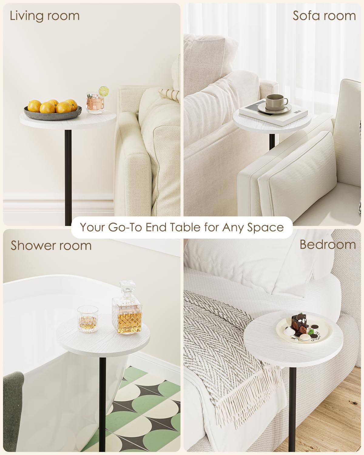 Masupu Drink Table, Round Side Table for Small Spaces, Pedestal Side Table, Small End Table with Metal Base, for Living Room, Bedroom, Bathroom, White