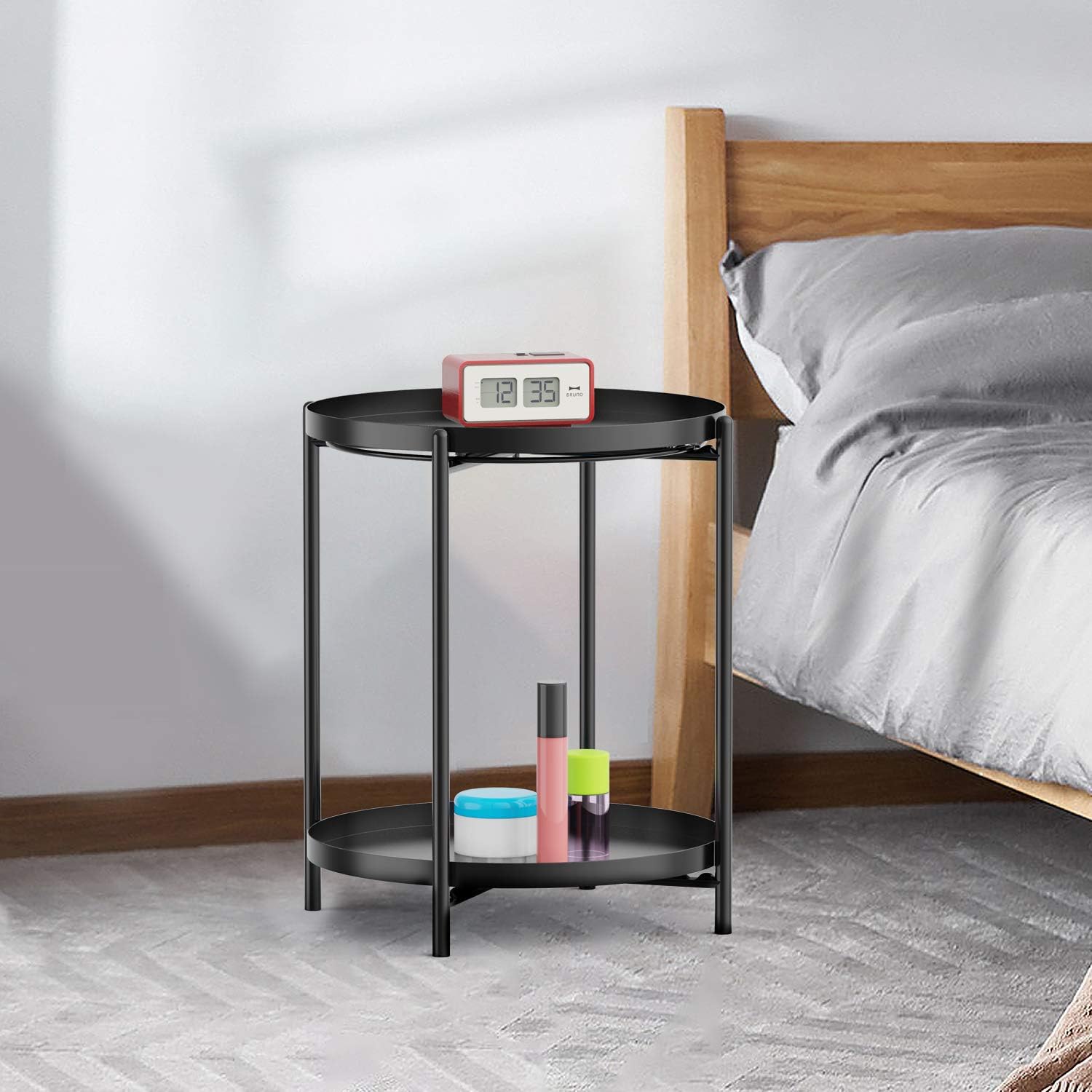 Yesker Side Table, End Table Metal Small Table Indoor Outdoor & Snack Bedside Table Sofa Side Snack Table Accent Coffee Table Living Room Bedroom Balcony 2 Layer (Black)