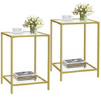 Side Tables Set of 2, End Tables with Tempered Glass, 2-Tier Nightstands with Storage Shelves, Coffee Table with Modern Style, Slim Sofa Table for Living Room, Bedroom, 11.8" D x 15" W, Golden