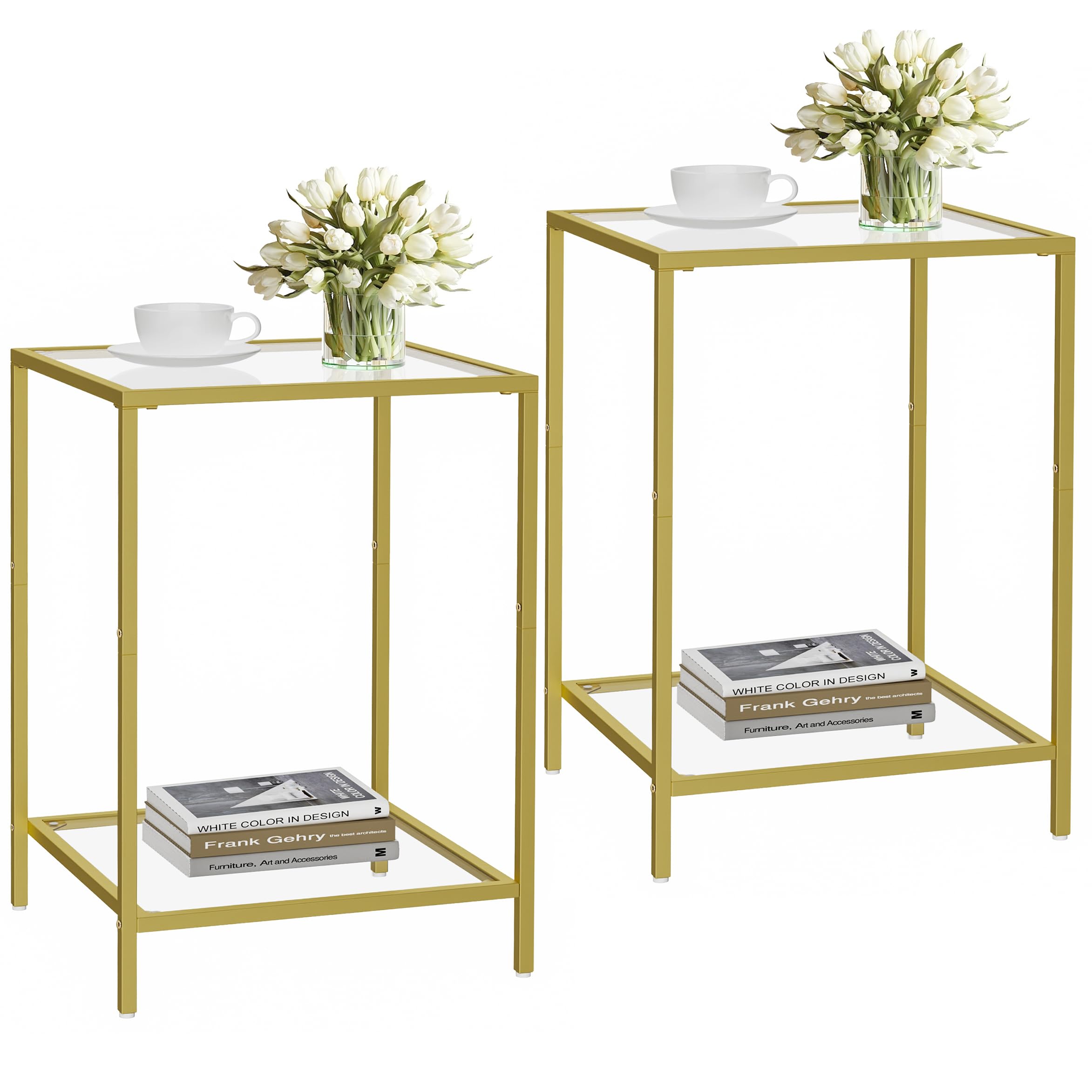 Side Tables Set of 2, End Tables with Tempered Glass, 2-Tier Nightstands with Storage Shelves, Coffee Table with Modern Style, Slim Sofa Table for Living Room, Bedroom, 11.8" D x 15" W, Golden