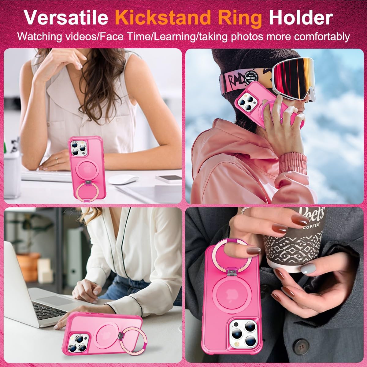 CHAOFEnG マグネット対応 iPhone 13 Pro Max ケース スタンド付き [軍用グレード落下テスト済み][マグネット対応] リング 透明 スリム ハードバック ソフトエッジ、ローズレッド