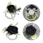 Corsage and Boutonniere Set Artificial Flower Wrist Corsage and Boutonniere for Men Groom Groomsmen Bride Bridesmaids,Wedding Prom Suit Decorations (1, Black)