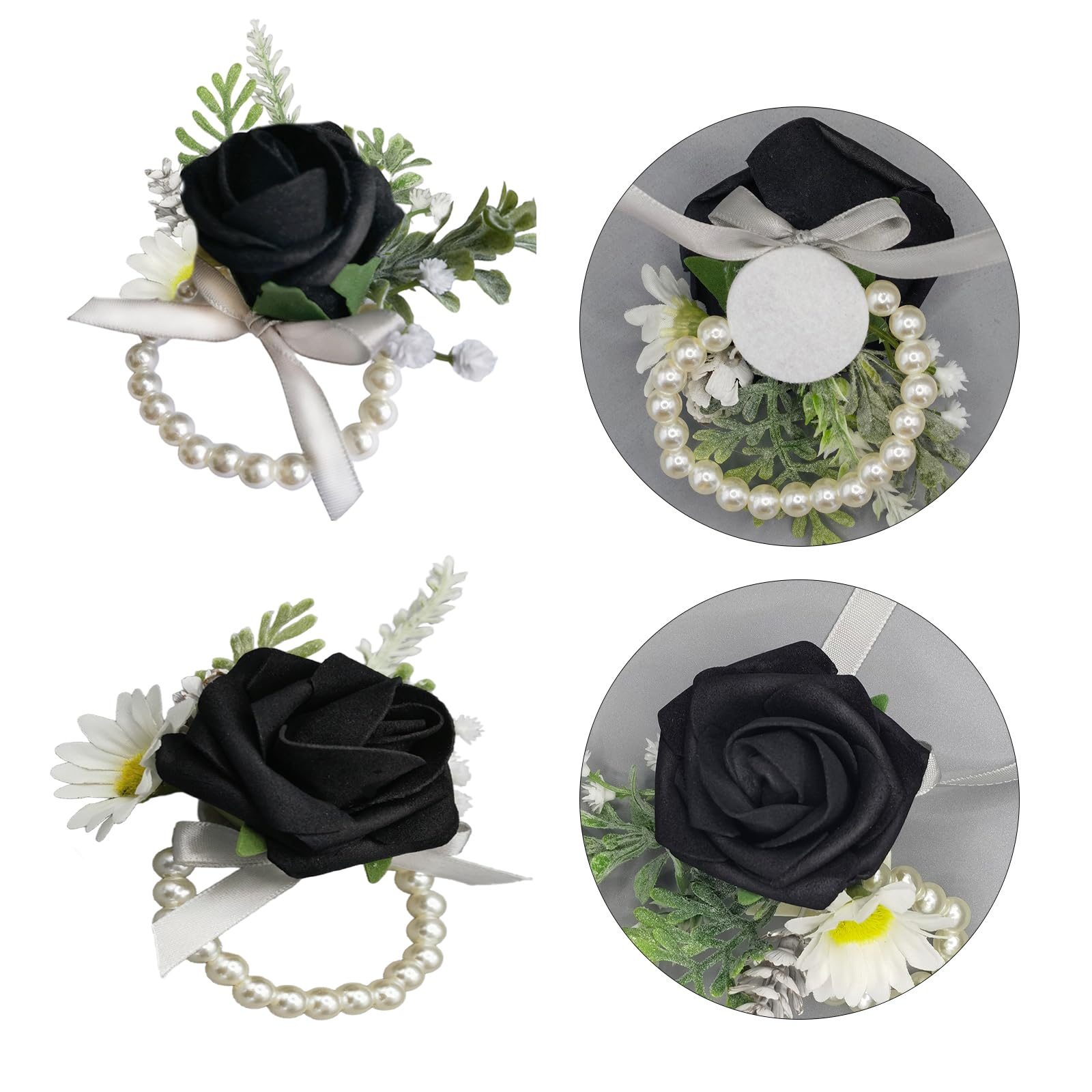 Corsage and Boutonniere Set Artificial Flower Wrist Corsage and Boutonniere for Men Groom Groomsmen Bride Bridesmaids,Wedding Prom Suit Decorations (1, Black)