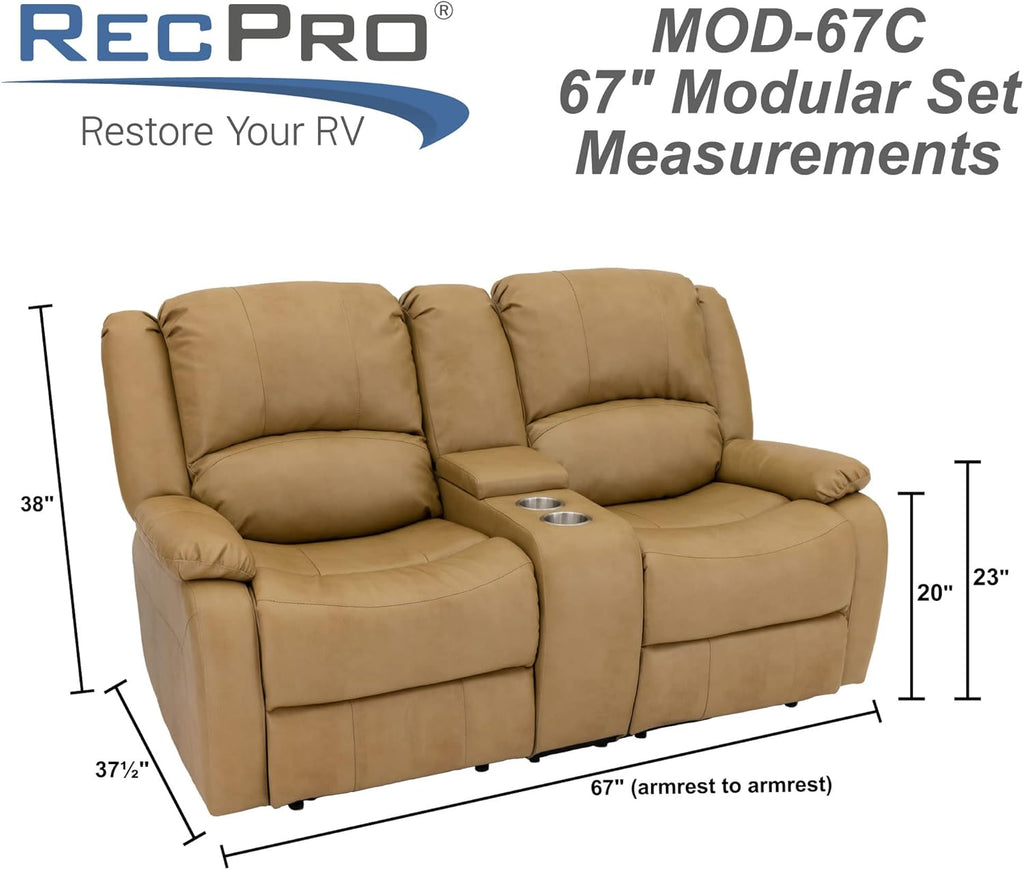 RecPro Charles 67" Double Recliner RV Sofa | Zero Wall Loveseat for Camper | Wall Hugger Couch | Fifth Wheel Theater Seating | Upgraded 2023 Fabric (Toffee)